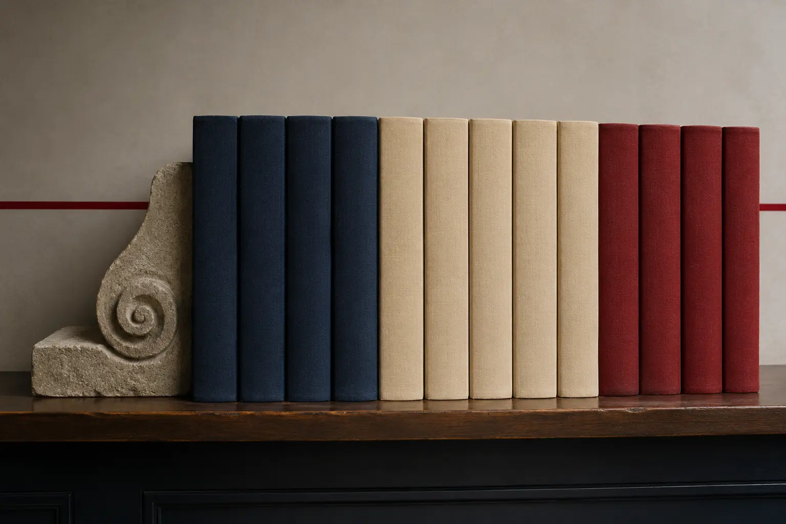 A row of blank civic archive binders divided by one red index marker