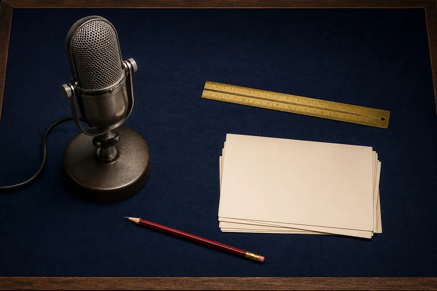 A neutral editorial desk with an unbranded microphone, ruler and blank index cards